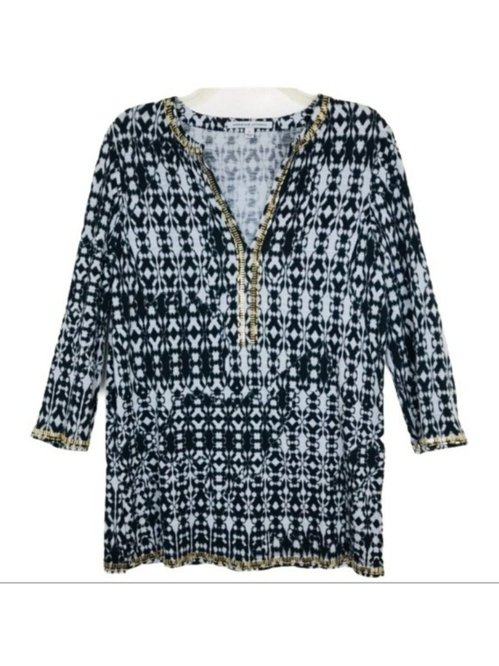 Adrienne Vittadini Top Size S Tunic Blue White Beaded Neck Ikat Print 3/4 Sleeve